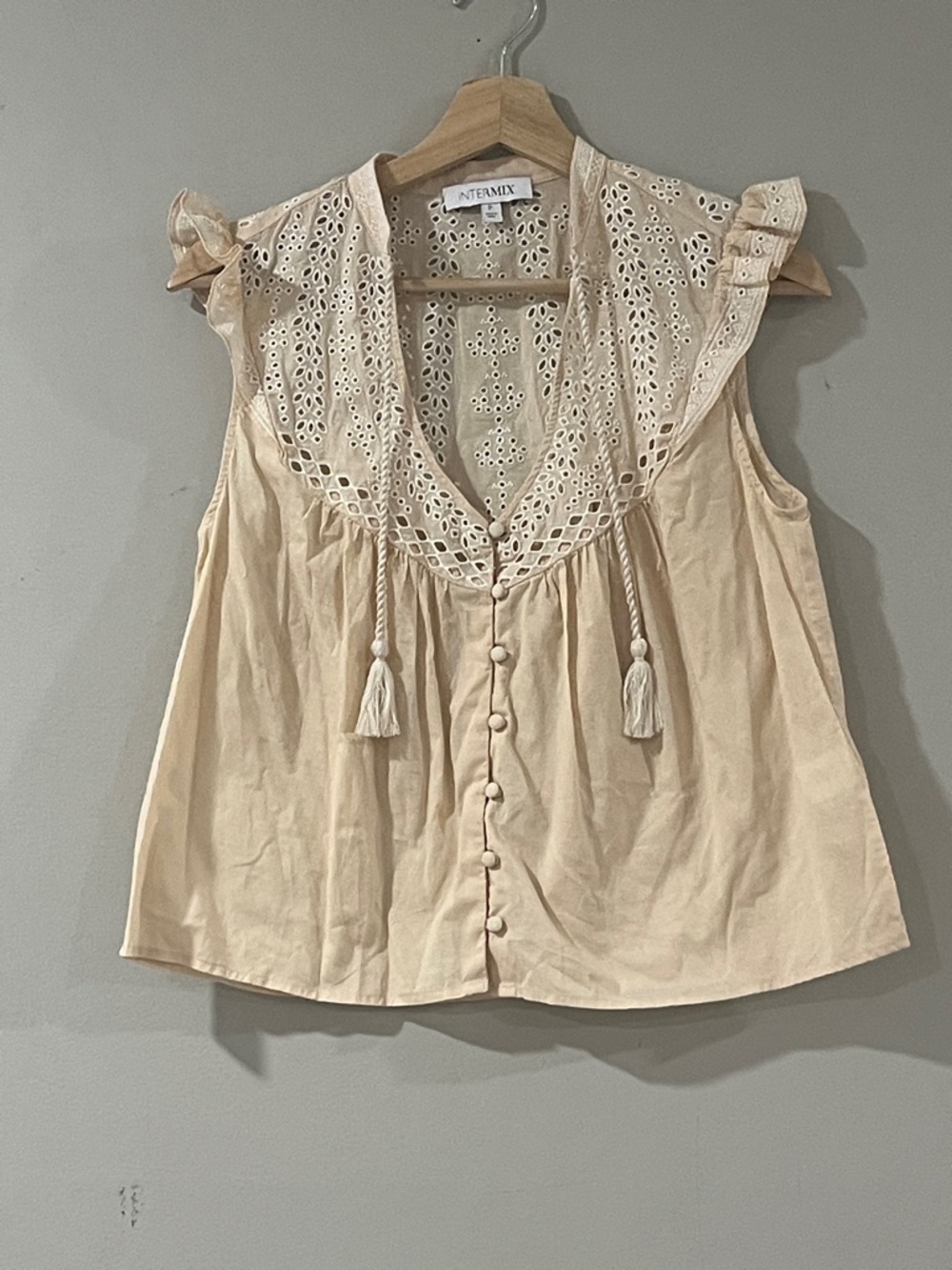INTERMIX Cream Eyelet Tassel Button Front Top
